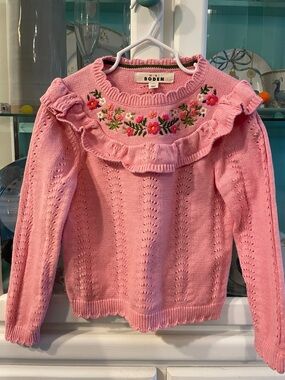 Boden Pink Ruffle Yoke Sweater with Floral Embroidery